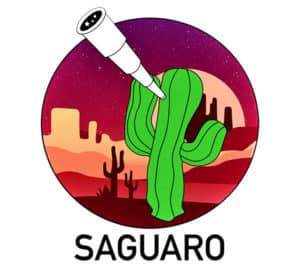 A cartoon cactus looks up at the sky with a telescope with a desert landscape in the background