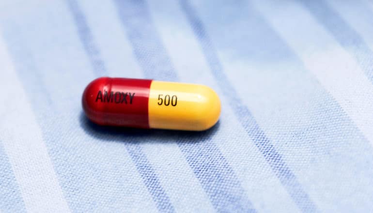 A red and yellow amoxicillin pill sits on a blue striped cloth