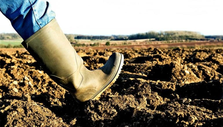 A farmer's rubber boot steps into frame onto a field of dirt