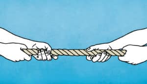 Illustration of hands on rope playing tug of war
