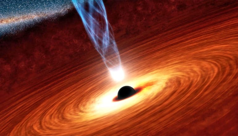 A black hole sits at the center of an orange swirl, with light and gas being pulled into it