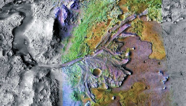 The ancient delta branches out across a rocky landscape in this aerial shot ofJezero crater