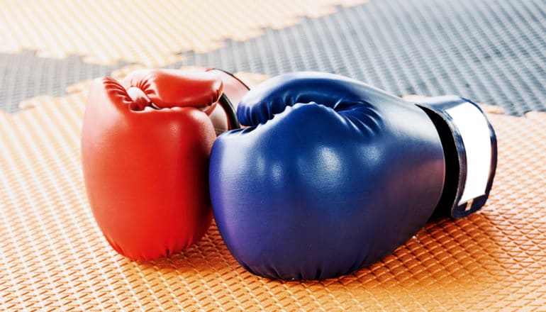 Two boxing gloves sit on a gym floor, one blue and one red