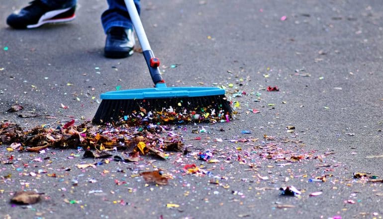 A person sweeps confetti off the street with a broom