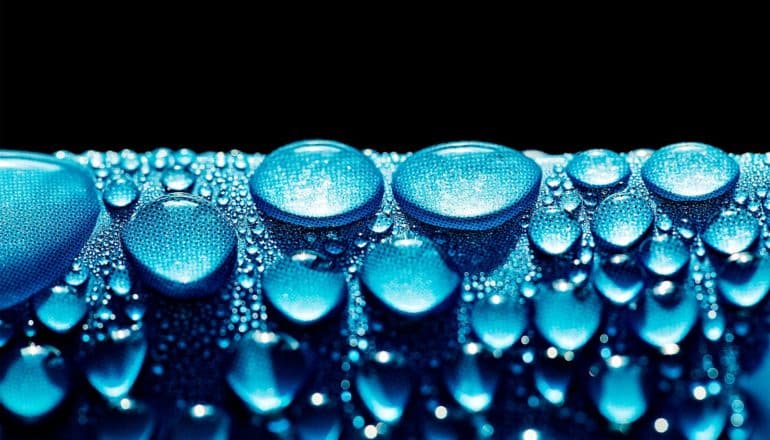 Water droplets sit on a bright blue surface, with black in the background