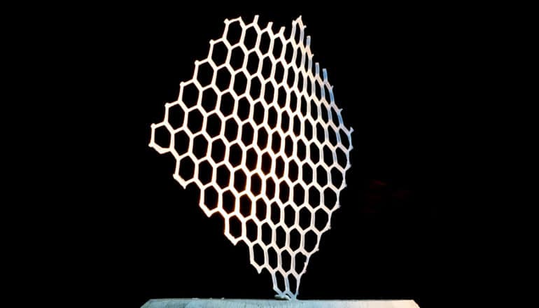 A 3D-printed object with a honeycomb structure on a black background