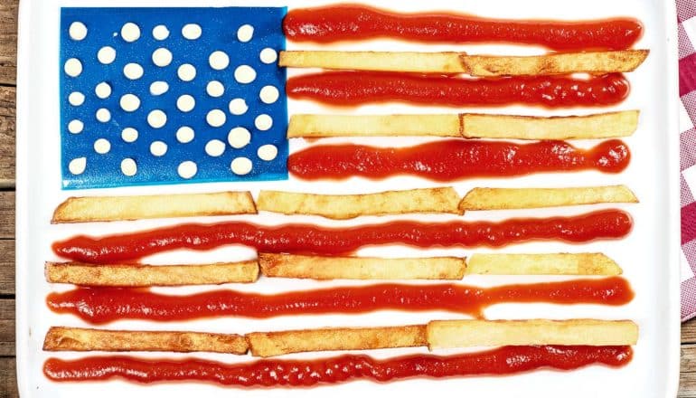 An American flag made with alternating lines of french fries and ketchup, with blobs of mayonaise standing in for white stars