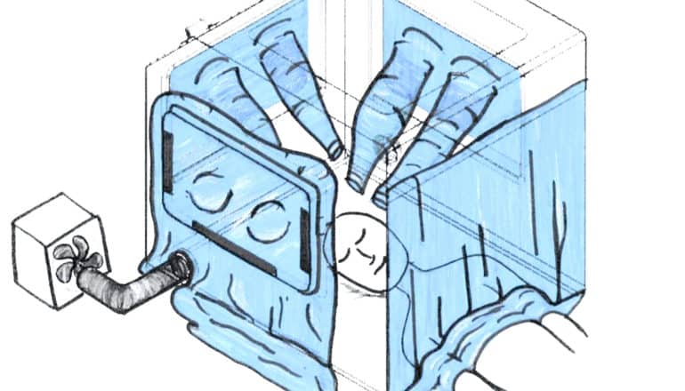 A drawing of the respiratory isolation box, with blue curtains isolating the patient but also pumping air in through tubes.