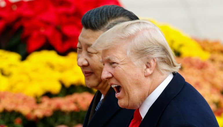 Presidents Trump and Xi in front of flowers