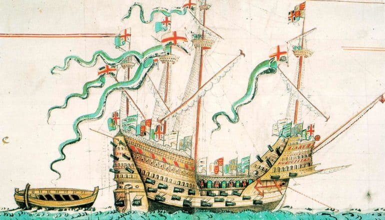 illustration of ship with flags and cannons