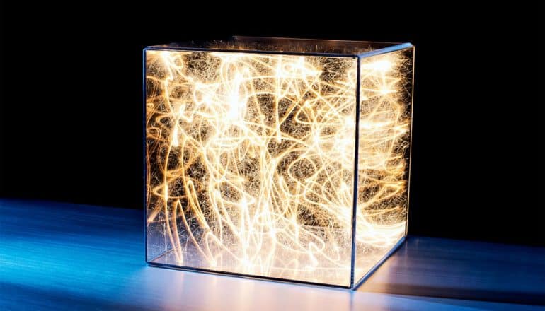 A box filled with bouncing sparks sits on a black background