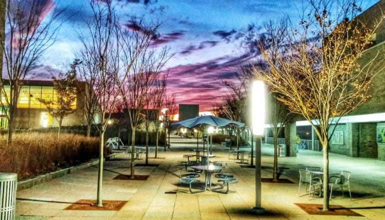 A college campus with no people around at sunset