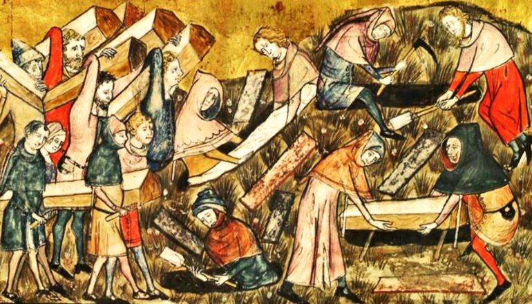 People carry coffins during the Black Death