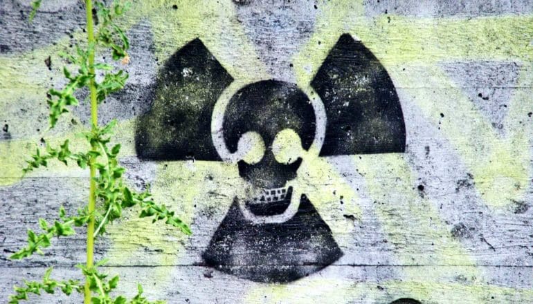 A skull sits in the middle of a spray-painted nuclear symbol on a concrete wall