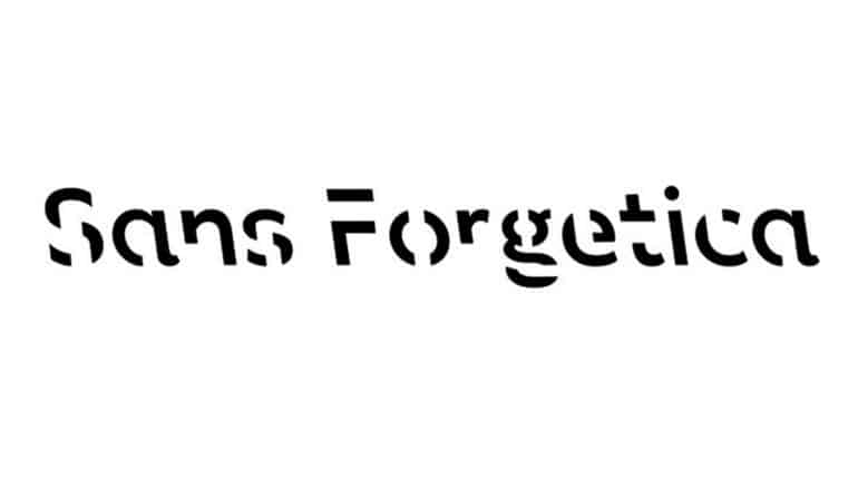 An image of the Sans Forgetica font spelling its name on a white background. The font has missing pieces in each letter.