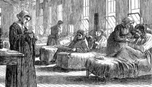 A drawing of nurses and patients in bed at a smallpox hospital