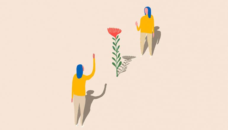 illustration of people waving from a distance with red flower between them