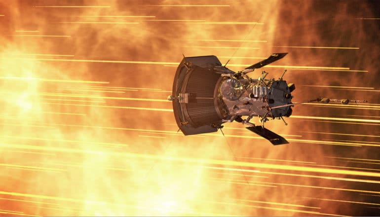 An illustration of the Parker Solar Probe shows it traveling through blasting light from the sun