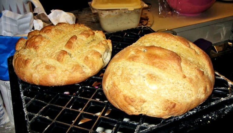 Two loaves of sourdough bread sit on a black grate on top of a stove