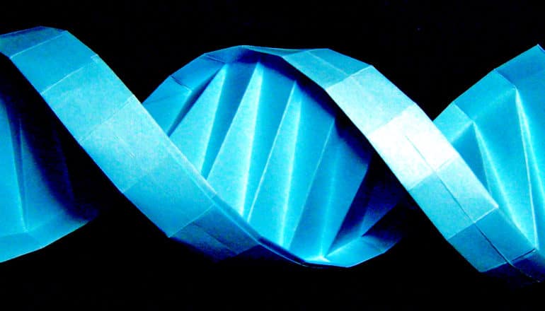 A blue paper model of a DNA double helix on a black background