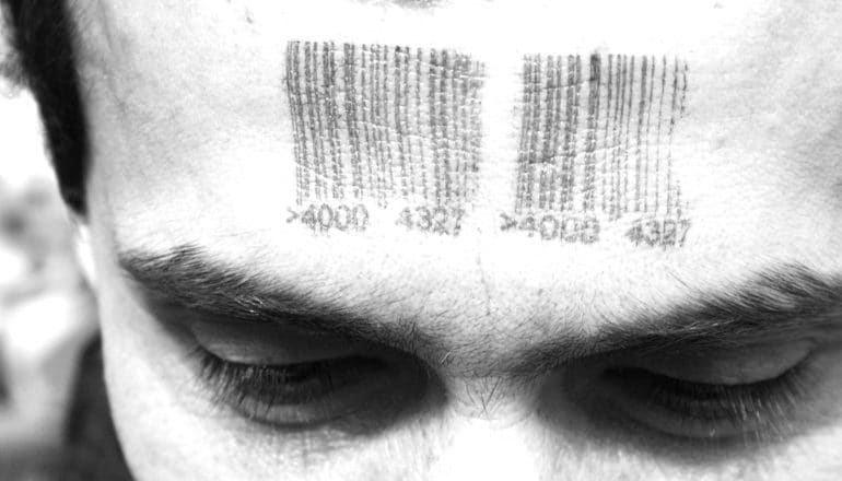 A man has a barcode on his forehead