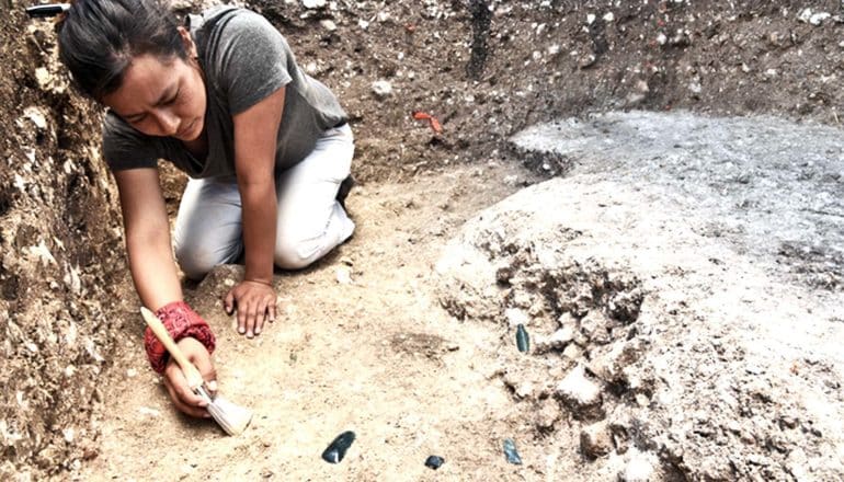 A researcher brushes dirt in a pit while on her hands and knees