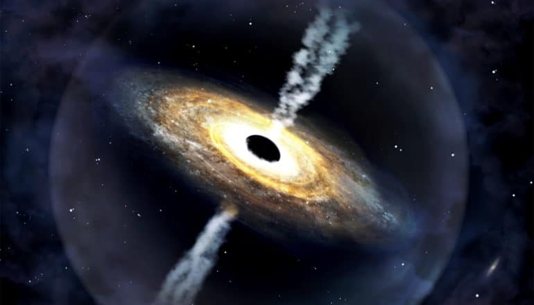 A ring of yellow light swirls around a black hole, from which jets of what looks like smoke shoot into space