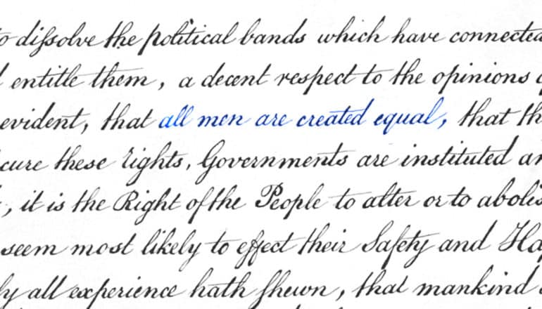 section of text of Declaration of Independence with "all men are created equal" highlighted in blue