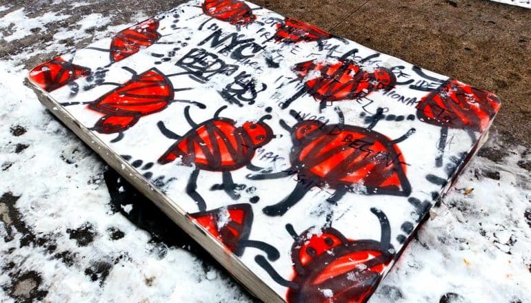 A mattress is covered in red bedbugs painted in red and black