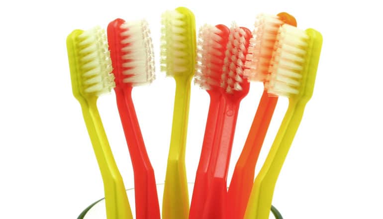 red and yellow toothbrushes in cup