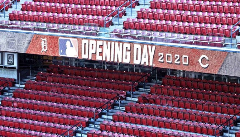 Empty red seats at the Cincinnati baseball park