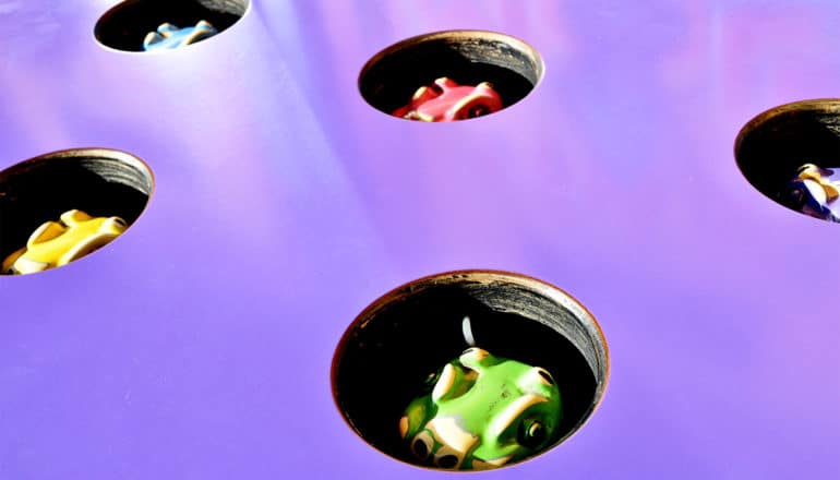 Brightly colored animal figures peek out through holes in a purple "Whack-a-mole" table