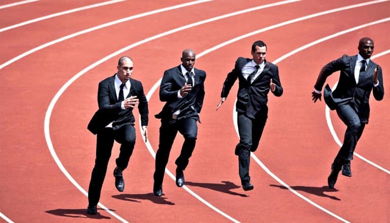 A group of businessmen in black suits and ties run on a red track