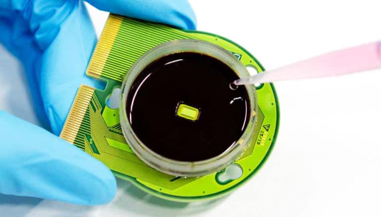 pipette adds liquid to dark pool at center of green chip device