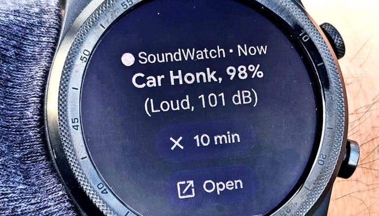 The watch shows that it registers a car honk and shows the decibles