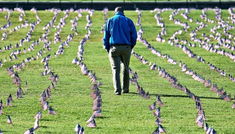 A man in a blue jacket walks through a field covered in small American flags