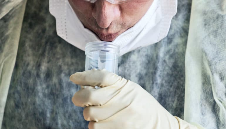 A researcher spits into a sample cup