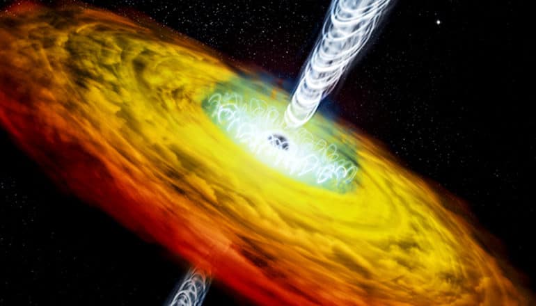 A supermassive black hole launches a jet of white-looking material into space