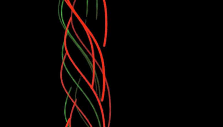 green and red lines of light twist like double helix