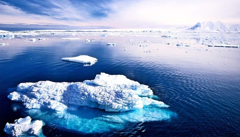 Huge chunks of ice float in the ocean