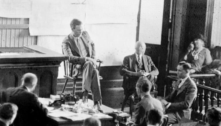 Charles Lindbergh on stand in crowded courtroom