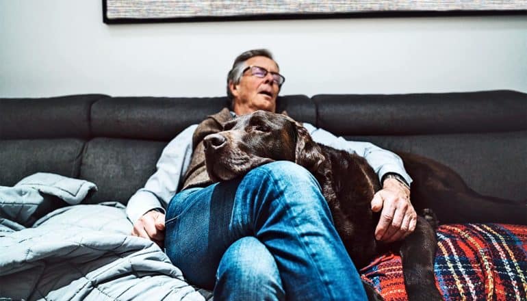 A man falls asleep on the couch with his dog in his lap