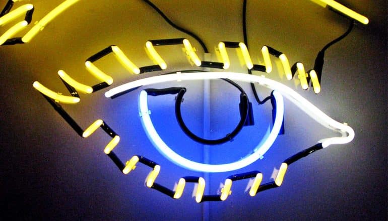 Neon lights shaped like a human eye