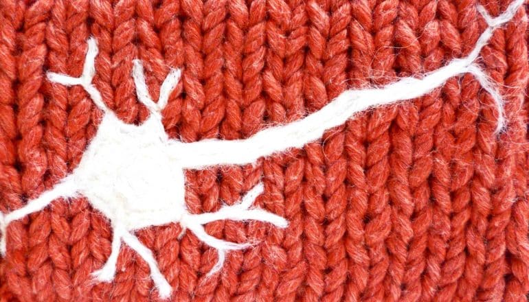 A knitted human neuron on a red background