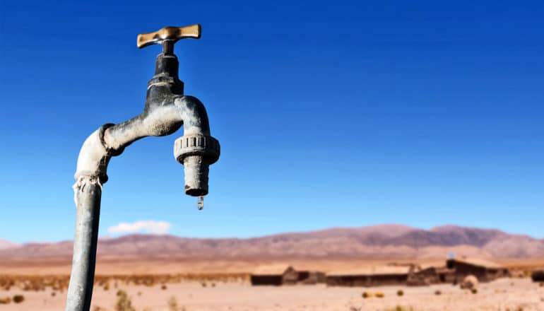 A tap and faucet stands in a desert with a drop falling