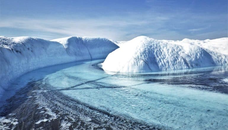 A supraglacial stream and sediment floodplain in southwest Greenland