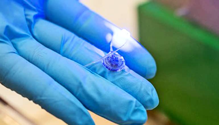 A research holds the implant in a blue-gloved hand