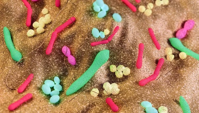 colorful bacteria shapes on intestine wall