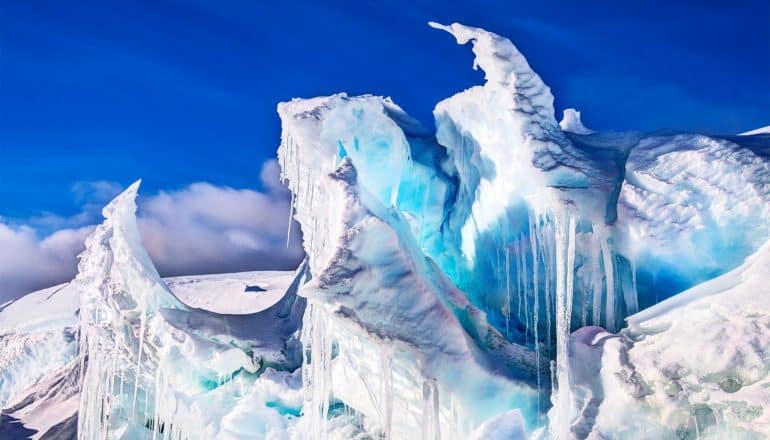 Sea ice contorted into jagged looking peaks and dips