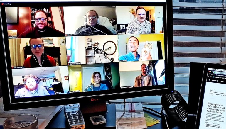 Virtual meeting participants fill small squares on the screen